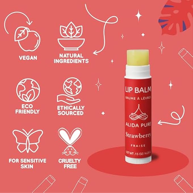 ALIDA PURE STRAWBERRY LIP BALM COLLECTION, VEGAN LIP BALM SET, BEESWAX FREE, WITH AVOCADO OIL, ORGANIC JOJOBA OIL, AND VITAMIN E, NATURAL MOISTURIZER FOR DRY, CHAPPED LIPS, 3 TUBE SET - Image 4